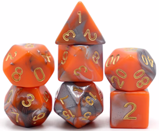 Orange & Grey dobbelstenen met gouden cijfers – Unieke Dice Set
