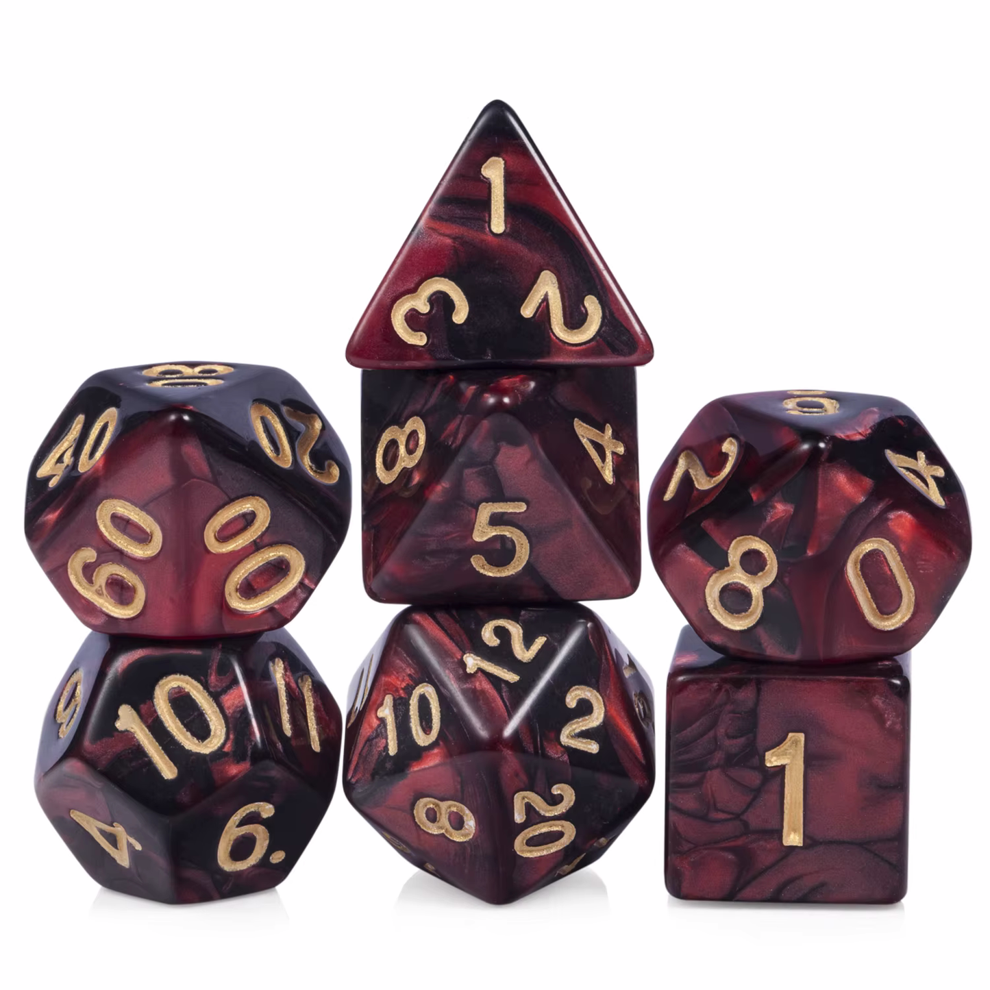 Red & Black dobbelstenen met gouden cijfers – D&D Dice Set