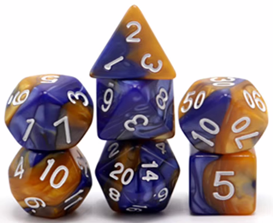 Blue & Gold dobbelstenen met witte cijfers – RPG Dice Set