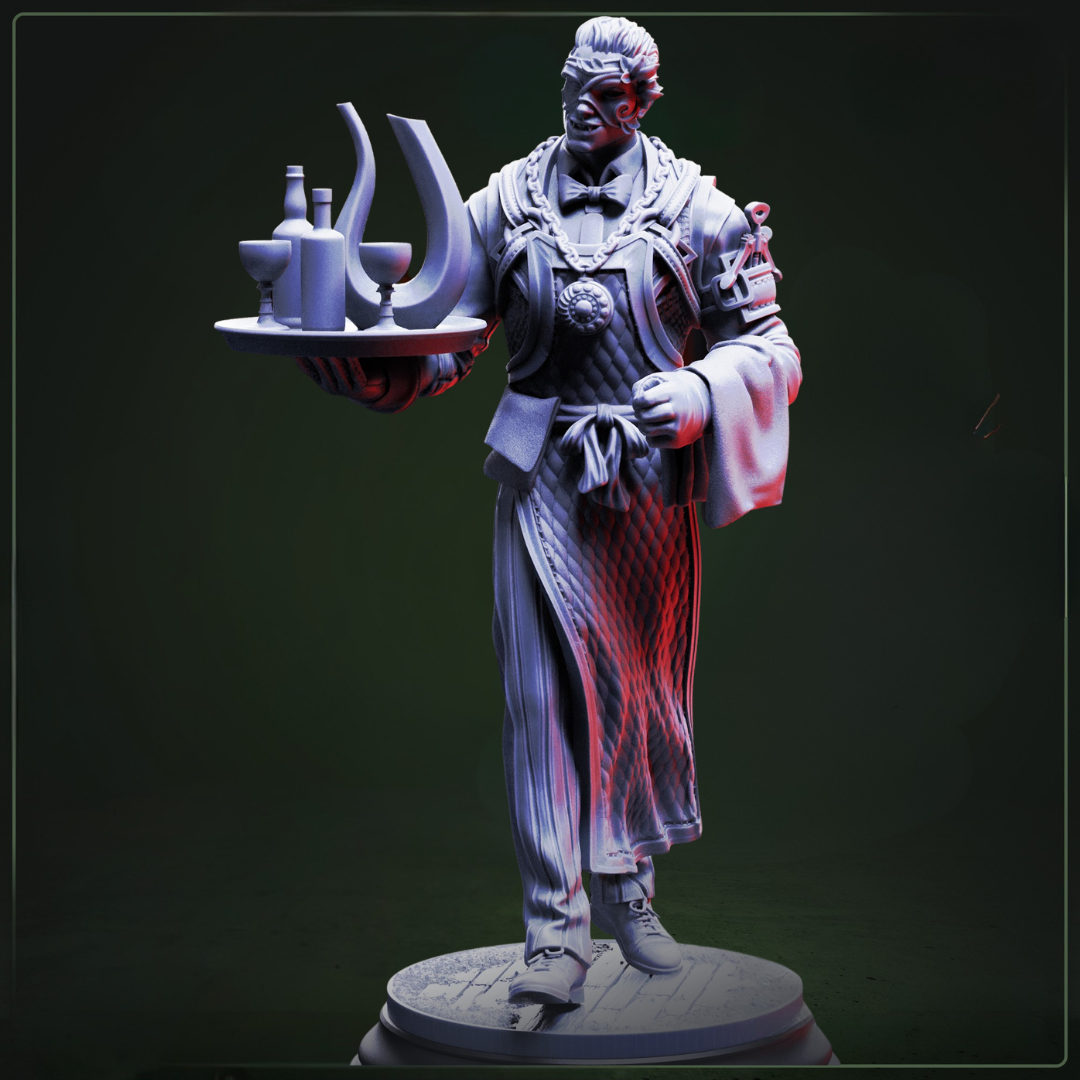 Aimar Batteux Vampiric Vintner D&D miniatuur - met masker - elegante vampier NPC met sophisticated winemaker appearance, premium DND miniaturen fantasy character voor gothic TTRPG campaigns uit Nederland bij Quest & Craft