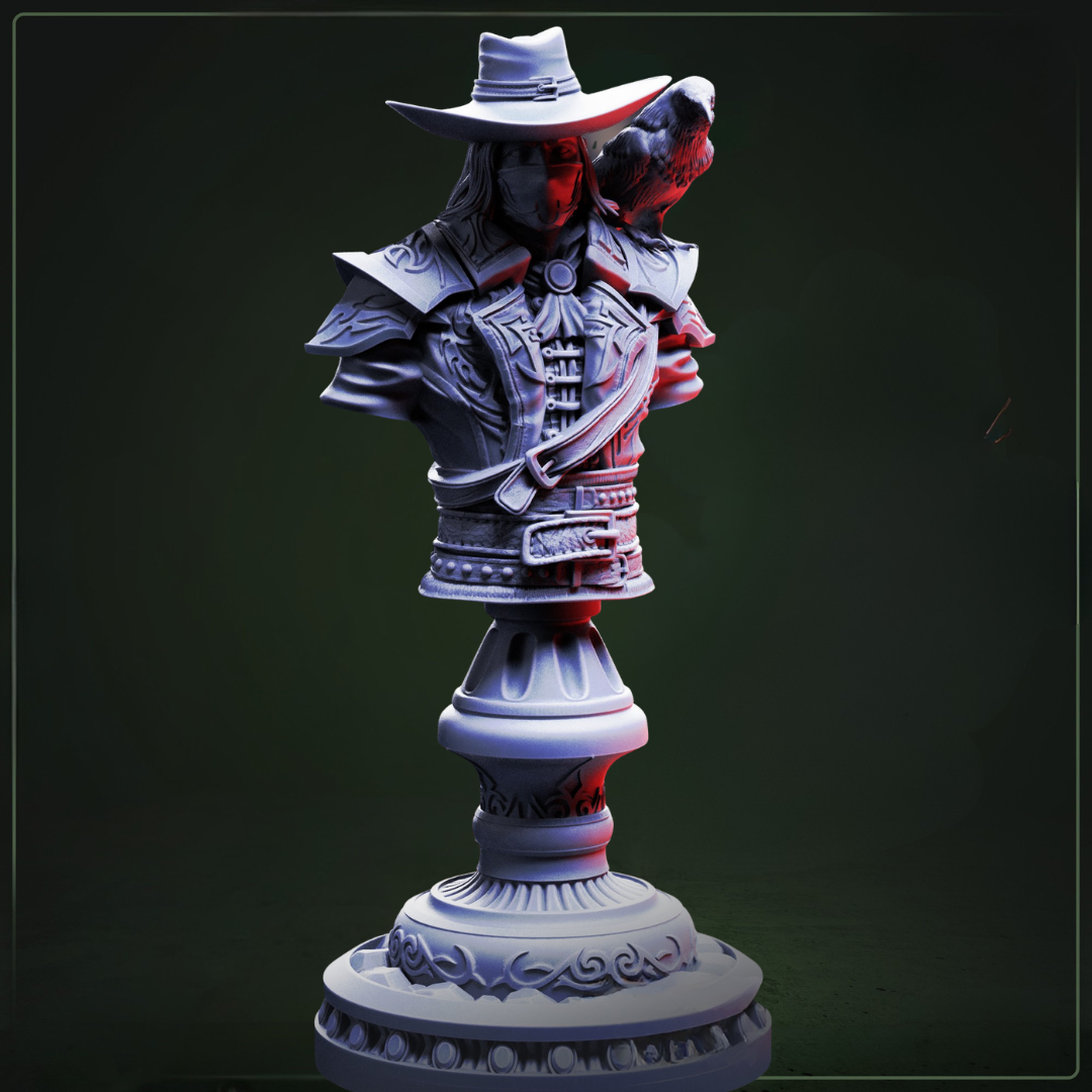 Arkham Ravenswood Bust Revenant Vampire Hunter D&D character bust - bandit mask-detailed undead hunter collectible met weathered features, premium DND miniaturen fantasy bust voor TTRPG collectors uit Nederland bij Quest & Craft