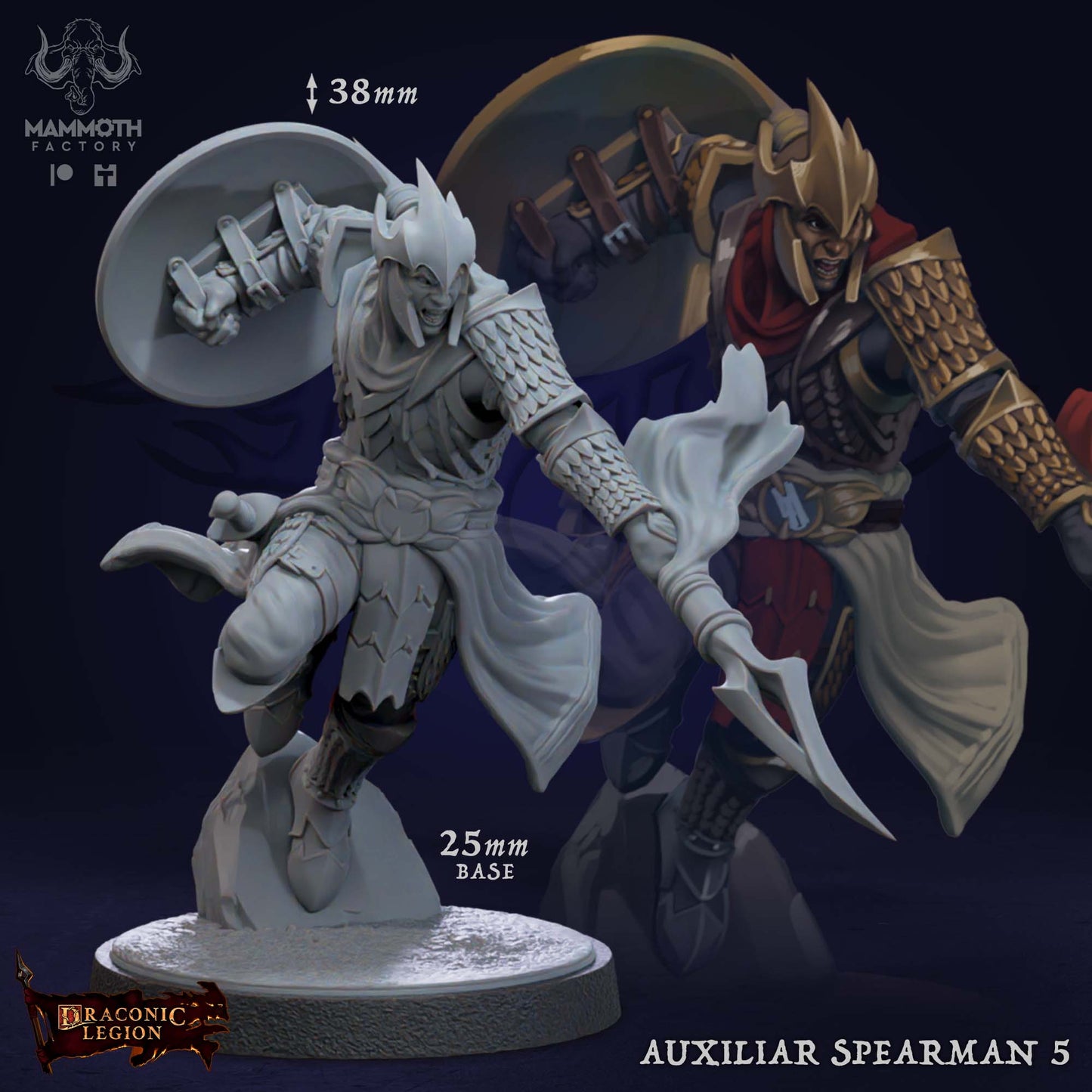 Auxiliar Spearmen 5 D&D miniatuur - lunging - militaire spearman uit auxiliar infantry warband set, fantasy miniaturen voor tactische campaigns van Quest & Craft