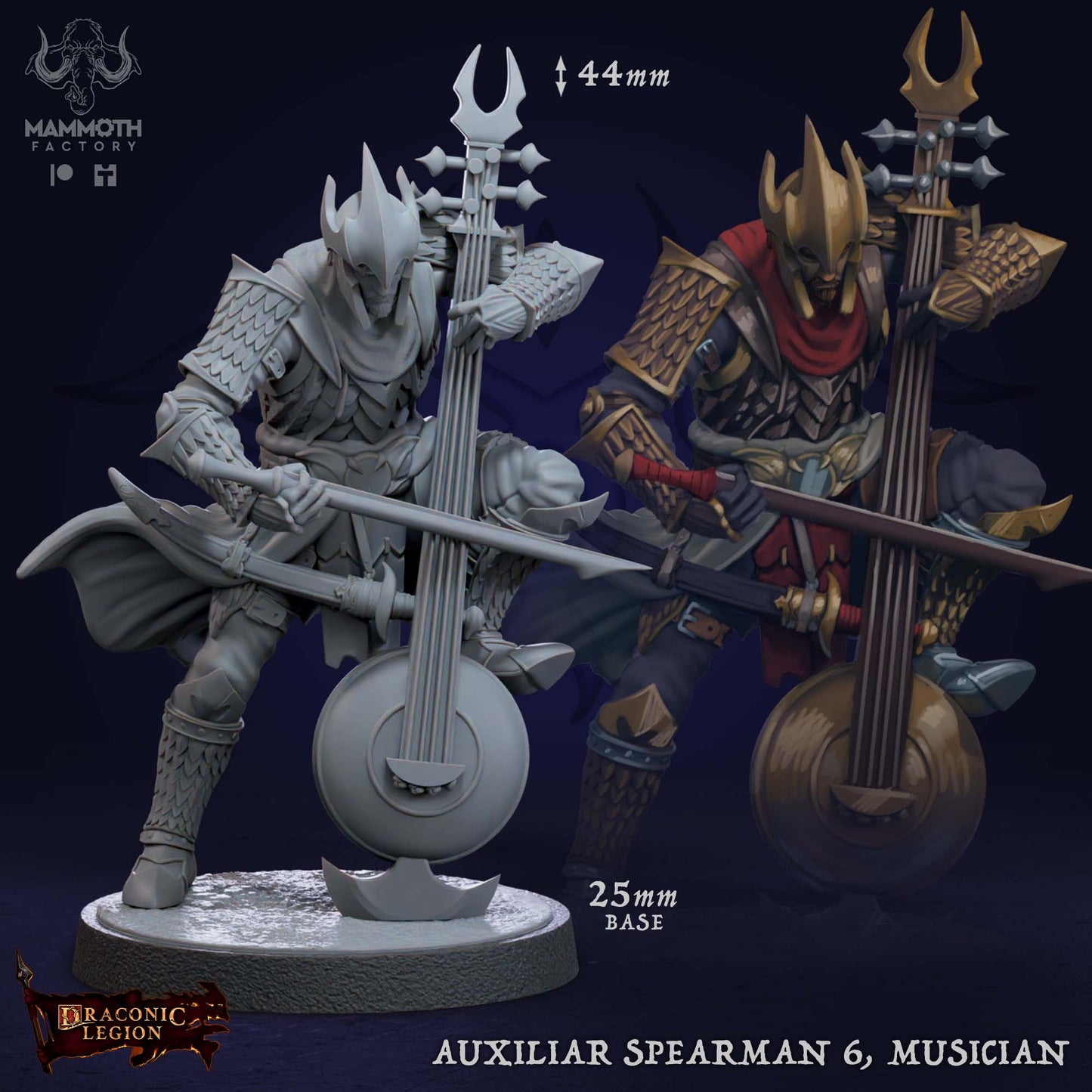 Auxiliar Spearmen 6 Musician D&D miniatuur - Drakkari muzikant uit spearmen warband, speciale rol DND miniaturen voor georganiseerde formaties bij Quest & Craft