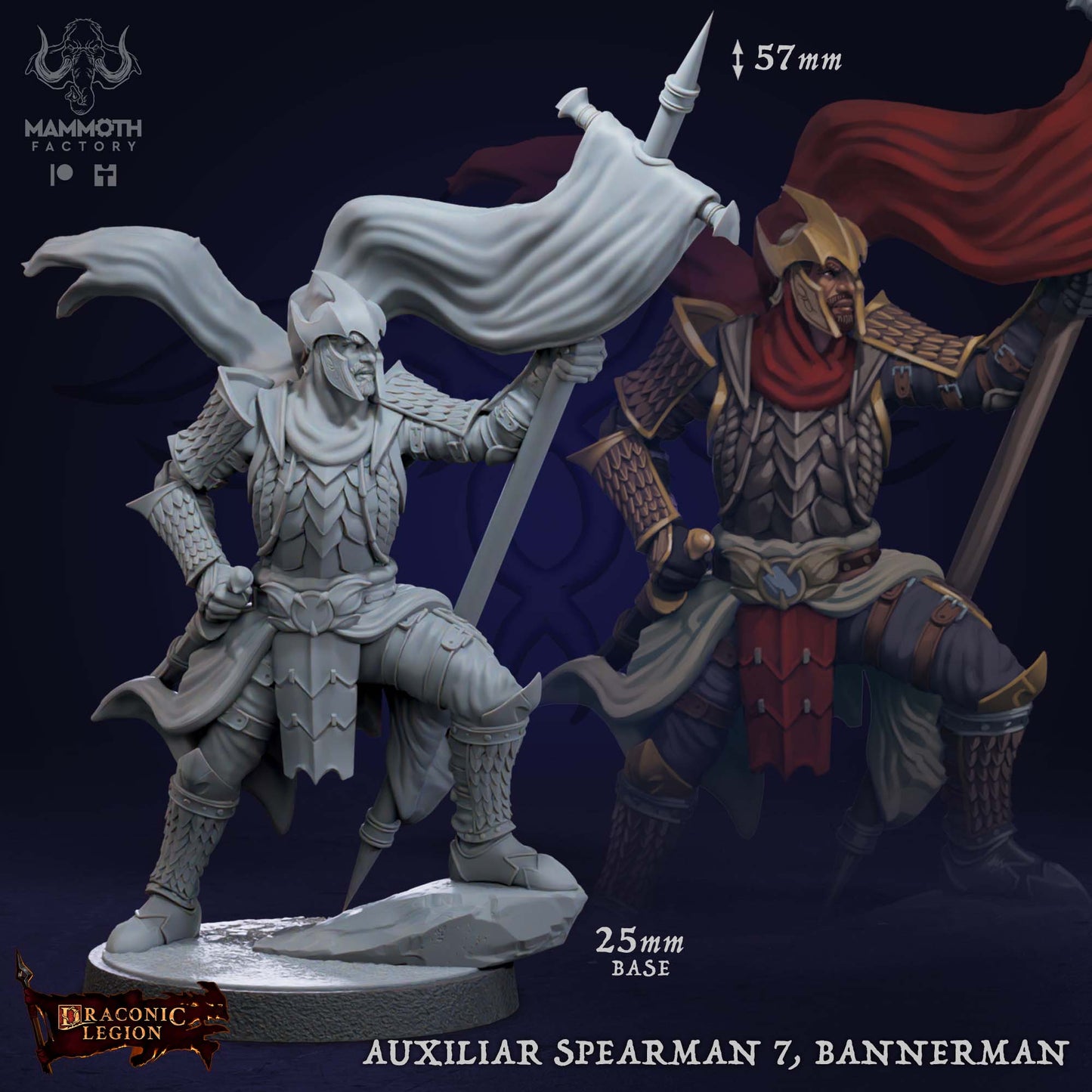 Auxiliar Spearmen 7 Bannerman D&D miniatuur - complete Drakkari infanterie warband uit Draconic Legion set, Nederlandse kwaliteit Quest & Craft miniaturen nederland voor infantry encounters