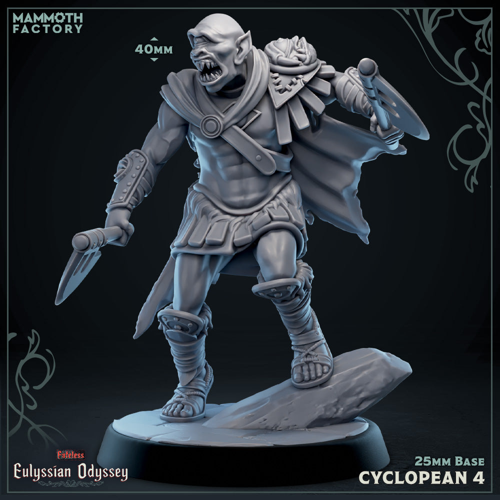 Cyclopean 4 D&D miniatuur - dual wield axes - brutale cyclopen warrior met immense kracht uit Eulyssian Odyssey warband, DND miniaturen voor tabletop RPG bij Quest & Craft