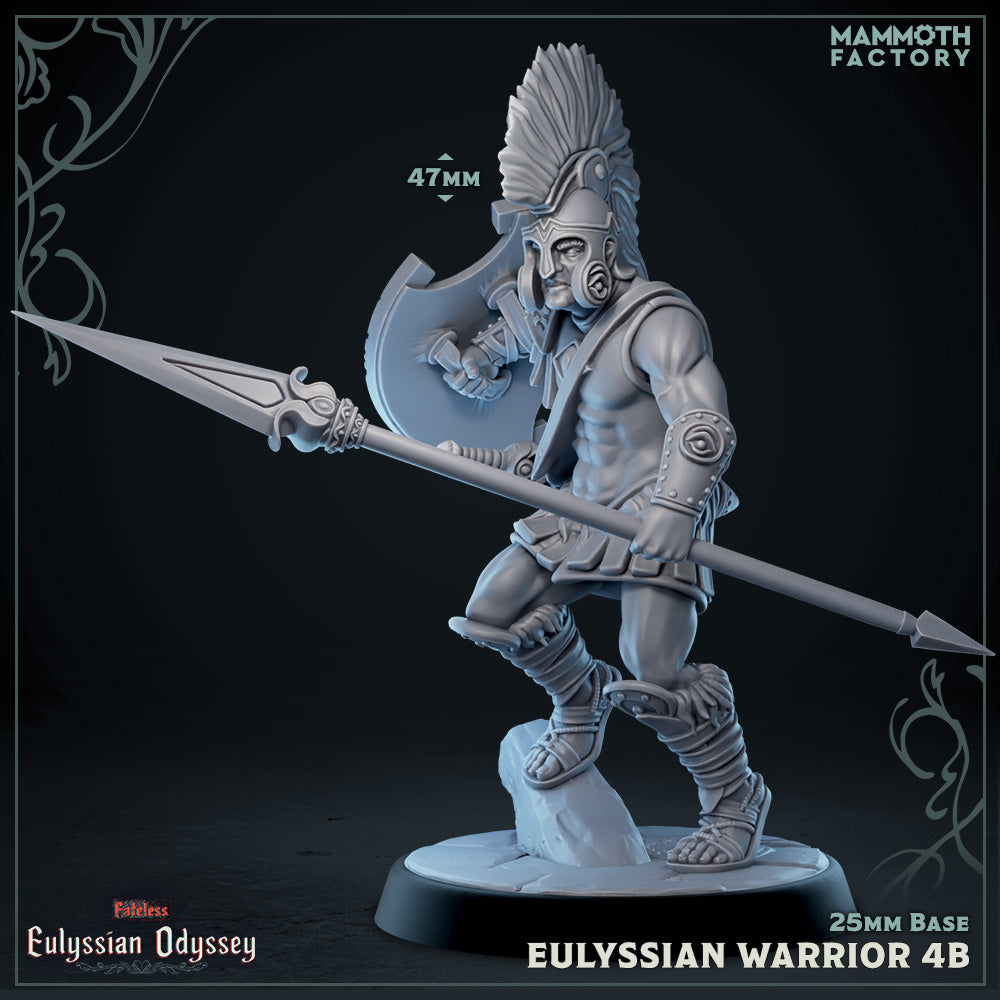 Eulyssian Warriors 4B D&D miniatuur - defensieve houding, op steen-elite soldaat met klassieke militaire discipline, fantasy miniaturen uit Eulyssian Odyssey collectie bij Quest & Craft