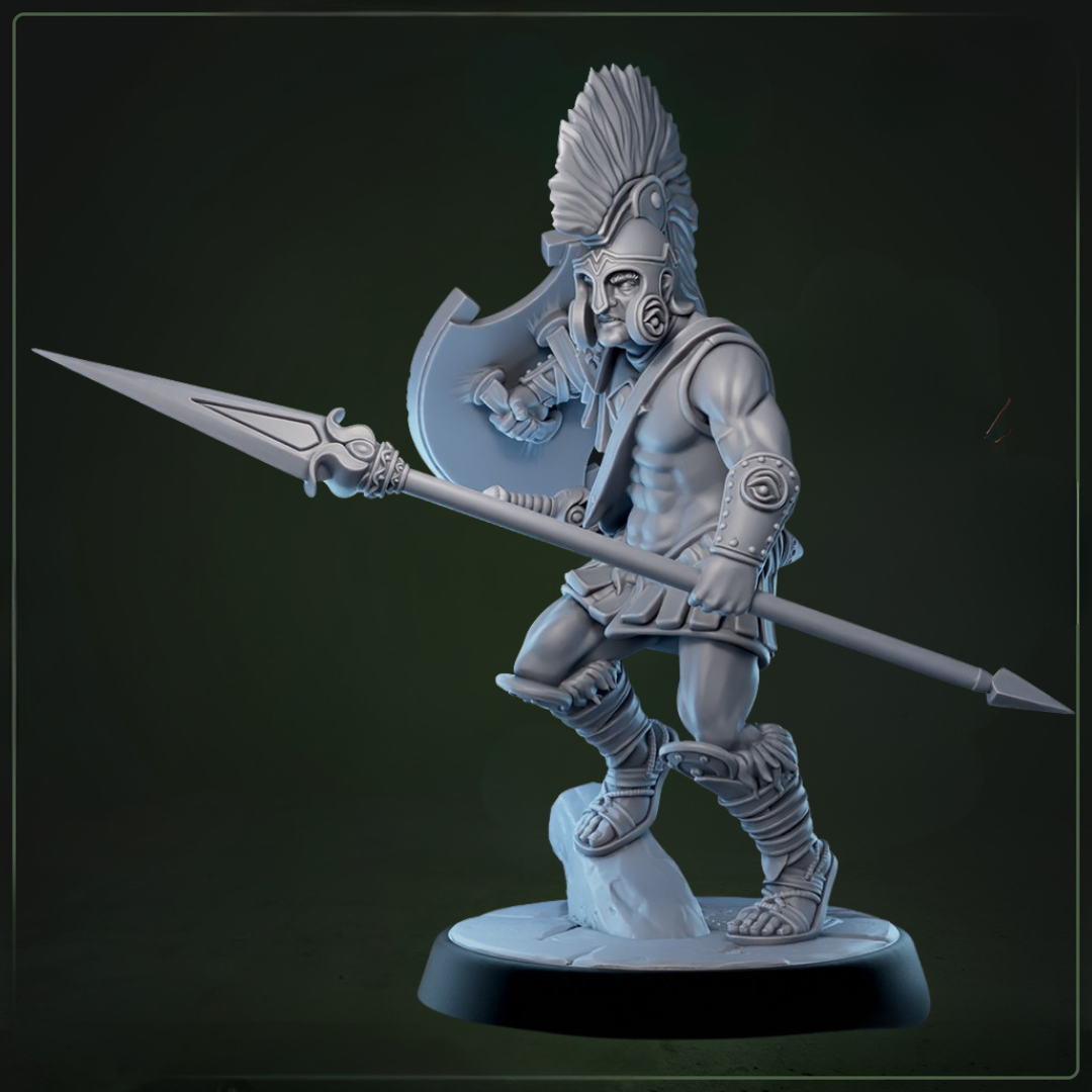 Eulyssian Warriors 4B D&D miniatuur - defensieve houding, op steen-elite soldaat met klassieke militaire discipline, fantasy miniaturen uit Eulyssian Odyssey collectie bij Quest & Craft