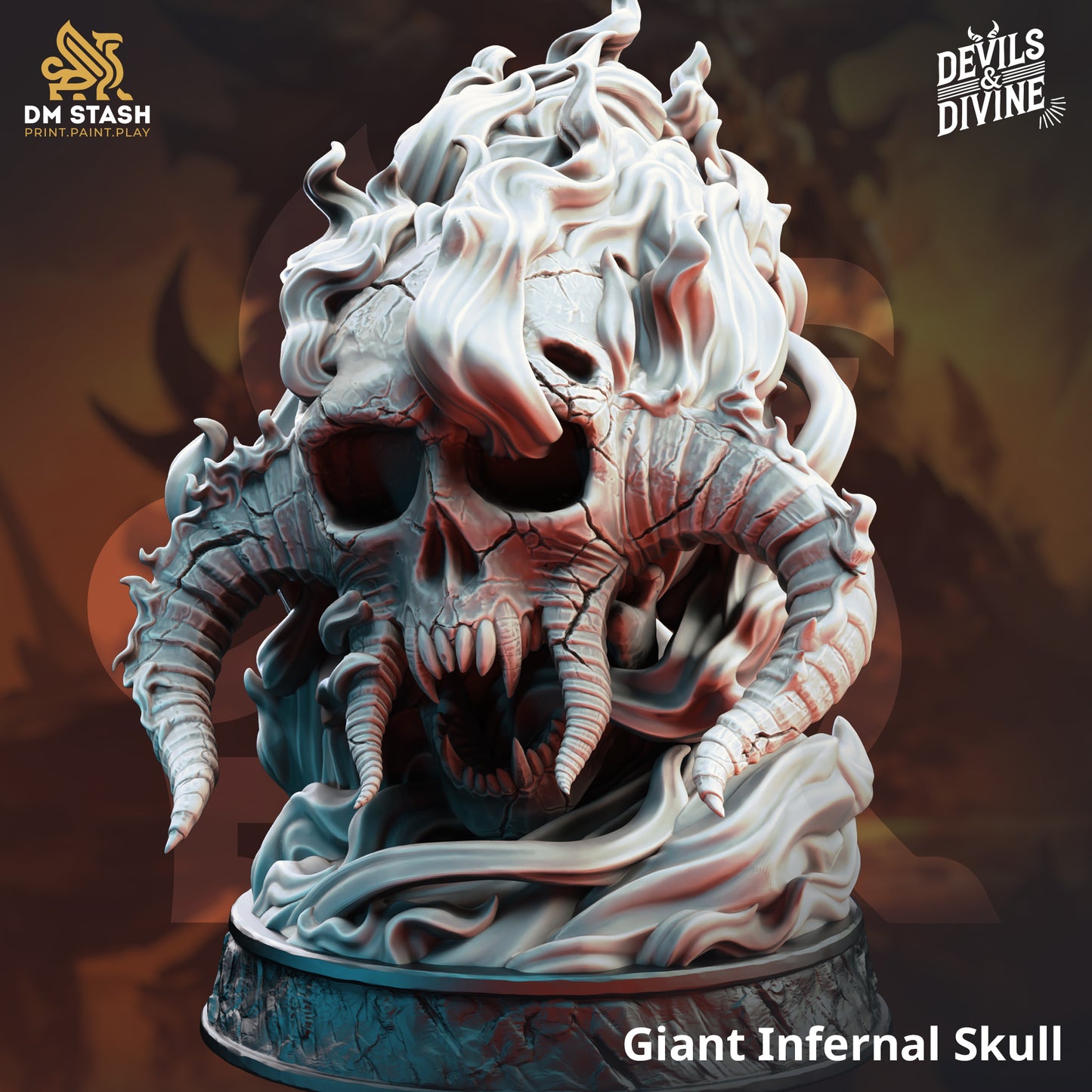 Giant Infernal Skull D&D miniatuur - imposante infernal terrein element met demonic markings uit Feet First Into Hell campagne, premium DND miniaturen fantasy terrain piece voor TTRPG encounters uit Nederland bij Quest & Craft
