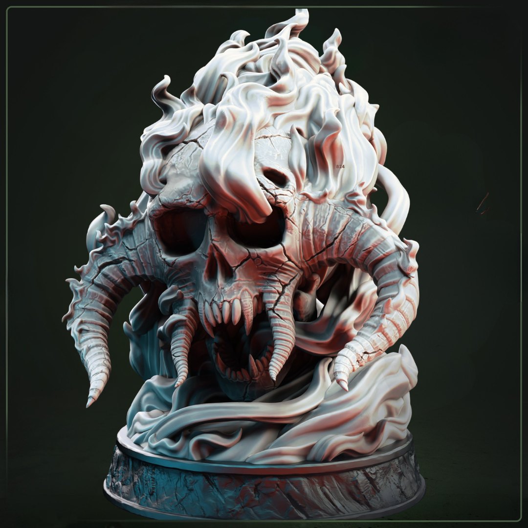 Giant Infernal Skull D&D miniatuur - imposante infernal terrein element met demonic markings uit Feet First Into Hell campagne, premium DND miniaturen fantasy terrain piece voor TTRPG encounters uit Nederland bij Quest & Craft