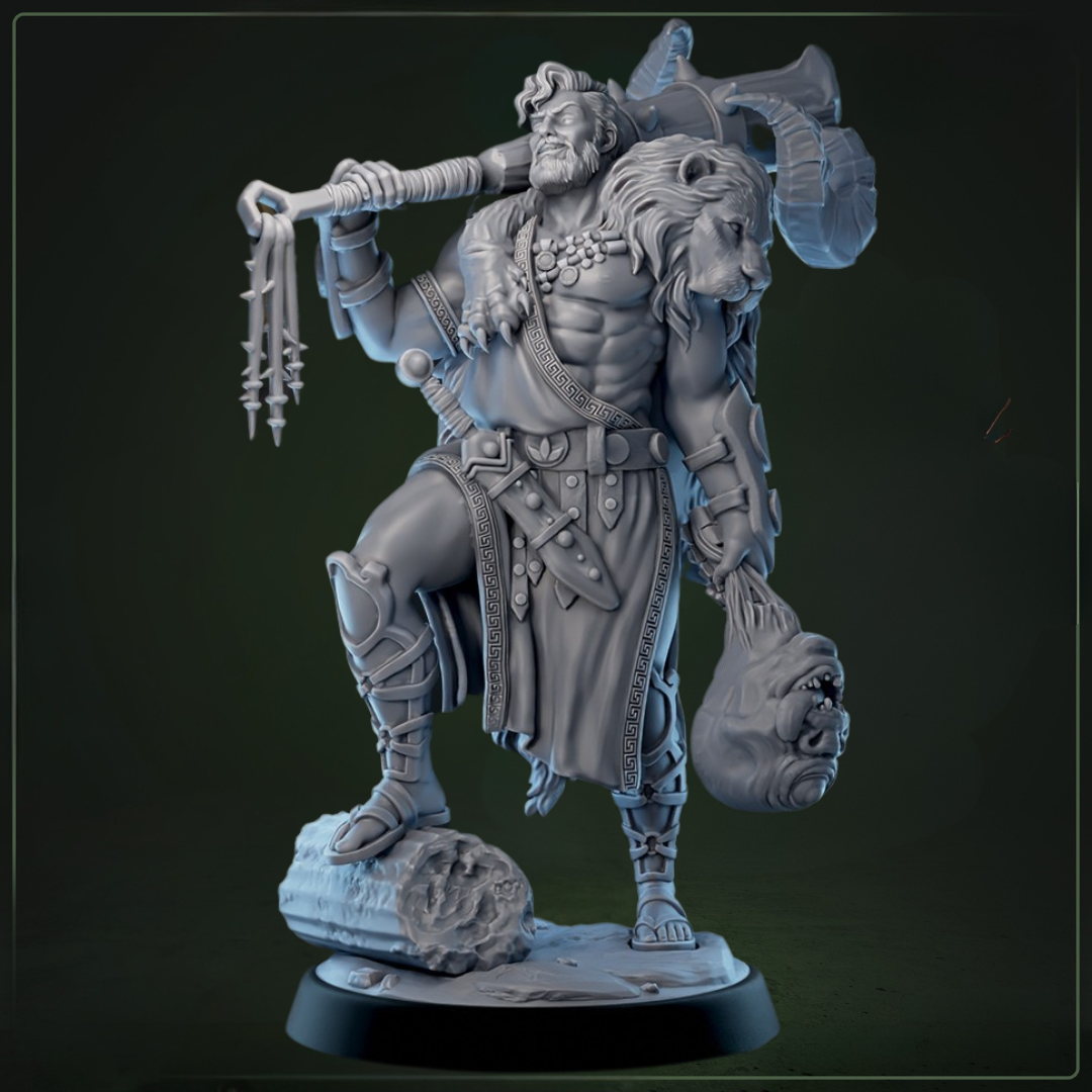 Herakaios D&D miniatuur legendarische mythische halfgod held geïnspireerd op Hercules uit Eulyssian Odyssey collectie, hoogdetail resin DND miniaturen voor fantasy tabletop RPG van Quest & Craft