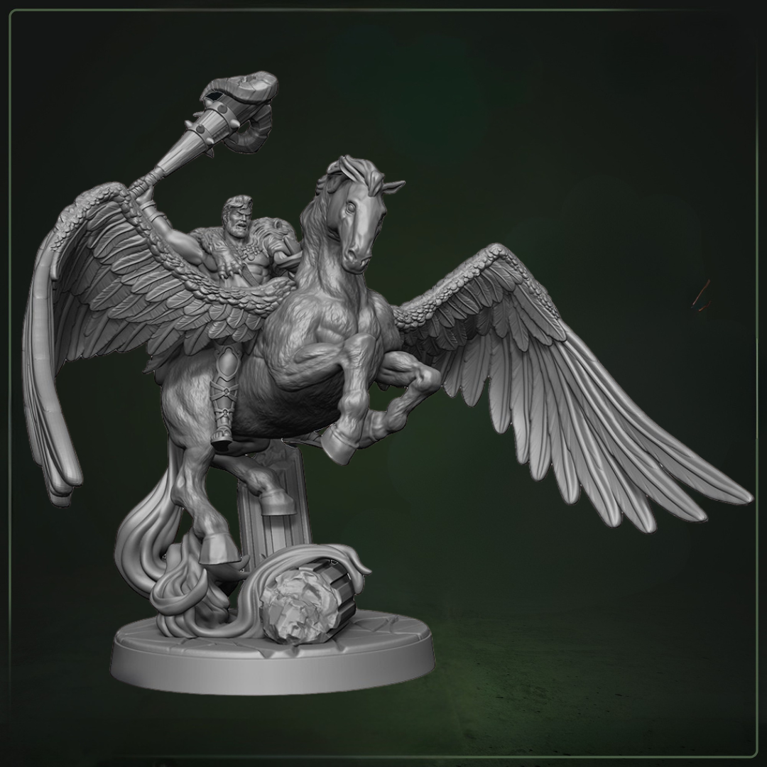 Herakaios op Pegasus D&D miniatuur - heroïsche mythische held op gevleugelde pegasus uit Eulyssian Odyssey collectie, hoogdetail resin DND miniaturen centerpiece voor fantasy tabletop RPG van Quest & Craft