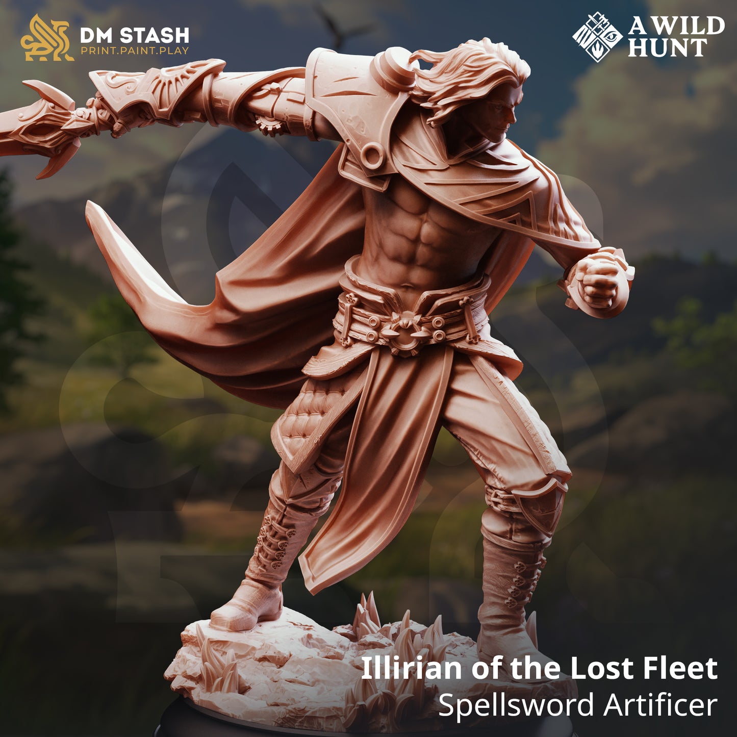 Illirian of the Lost Fleet Spellsword Artificer D&D miniatuur - briljante legendary craftsman met arcane devices uit A Wild Hunt collectie, premium DND miniaturen fantasy spellsword artificer voor TTRPG magic-tech encounters uit Nederland bij Quest & Craft