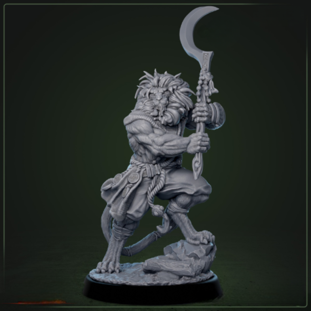 Leonin Warblade D&D miniatuur - majestueuze leeuwenkrijger met zwaard en vurige manen, nobele pelgrim uit Bloodstone Valley collectie voor DND miniaturen en fantasy tabletop gaming