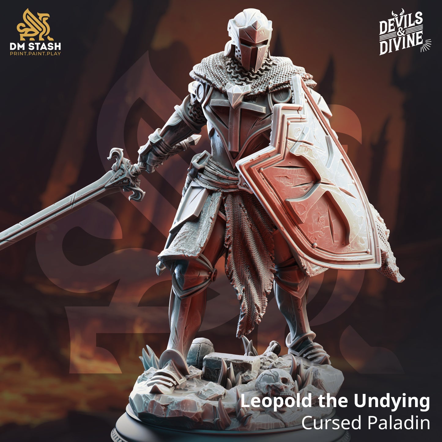 Leopold the Undying Cursed Paladin D&D miniatuur - tragische undead paladin met cursed armor uit Feet First Into Hell campagne, premium DND miniaturen fantasy cursed hero voor TTRPG moral encounters uit Nederland bij Quest & Craft