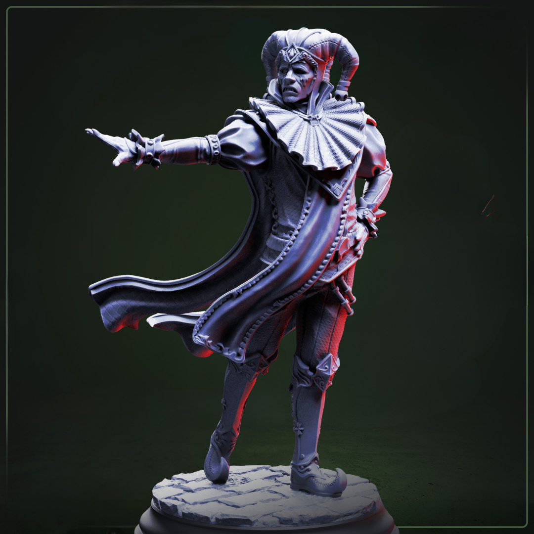 Melancholy Sombre Vampire Jester D&D miniatuur - Sad expression- tragische vampier hofnar met jester costume en melancholic expression, premium DND miniaturen fantasy court entertainer voor gothic TTRPG campaigns uit Nederland bij Quest & Craft