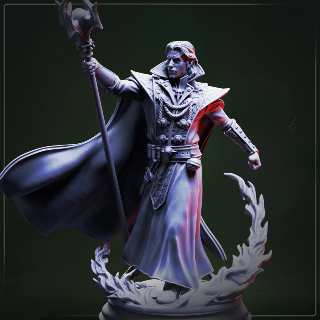 Renard the Black Hearted Vampire Haemomancer D&D miniatuur - sinistere vampier bloedmagiër met spellcasting pose en dark magical aura, premium DND miniaturen fantasy blood magic caster voor arcane horror TTRPG campaigns uit Nederland bij Quest & Craft