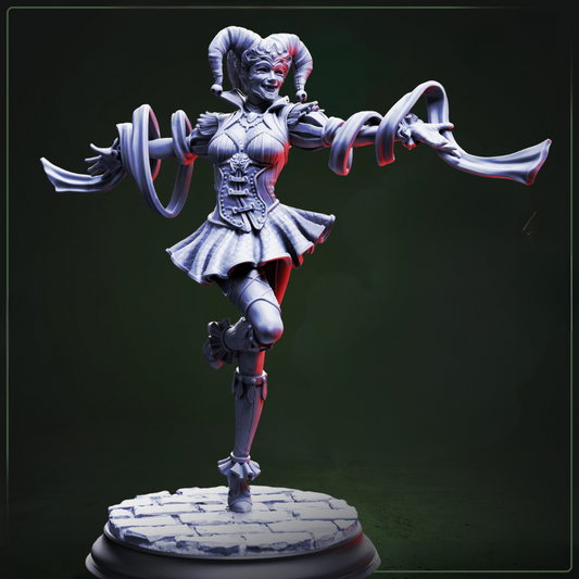 Sanguine Gleeful Vampire Jester D&D miniatuur - Masked - charismatische vrolijke vampier hofnar met colorful jester costume en gleeful expression, premium DND miniaturen fantasy court entertainer voor gothic TTRPG campaigns uit Nederland bij Quest & Craft
