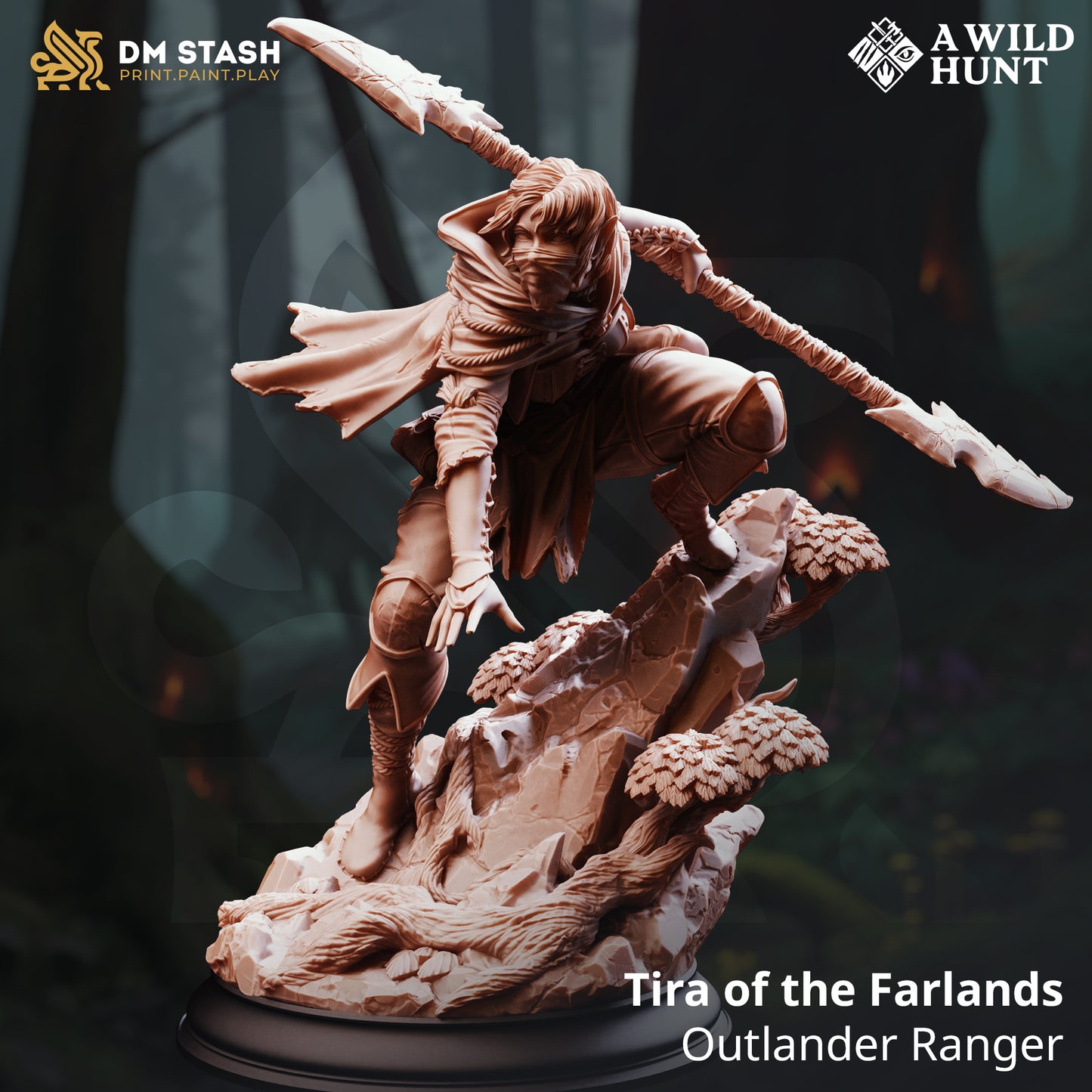 Tira of the Farlands Outlander Ranger D&D miniatuur - mysterieuze legendary wilderness scout met tracking tools uit A Wild Hunt collectie, premium DND miniaturen fantasy outlander ranger voor TTRPG survival encounters uit Nederland bij Quest & Craft