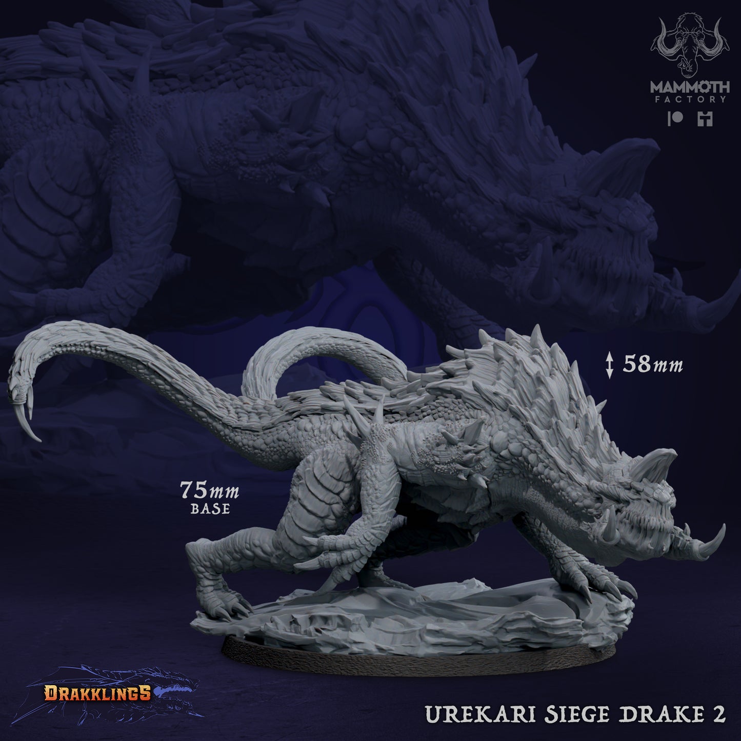 Urekari Siege Drake 2 D&D miniatuur - belegeringskrachtige draconische warbeast met twin-tails, premium DND miniaturen voor epische encounters bij Quest & Craft