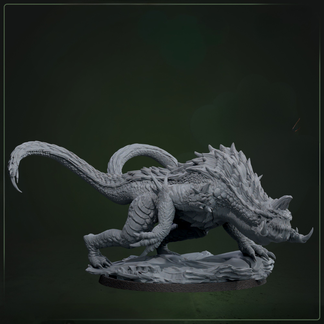 Urekari Siege Drake 2 D&D miniatuur - belegeringskrachtige draconische warbeast met twin-tails, premium DND miniaturen voor epische encounters bij Quest & Craft