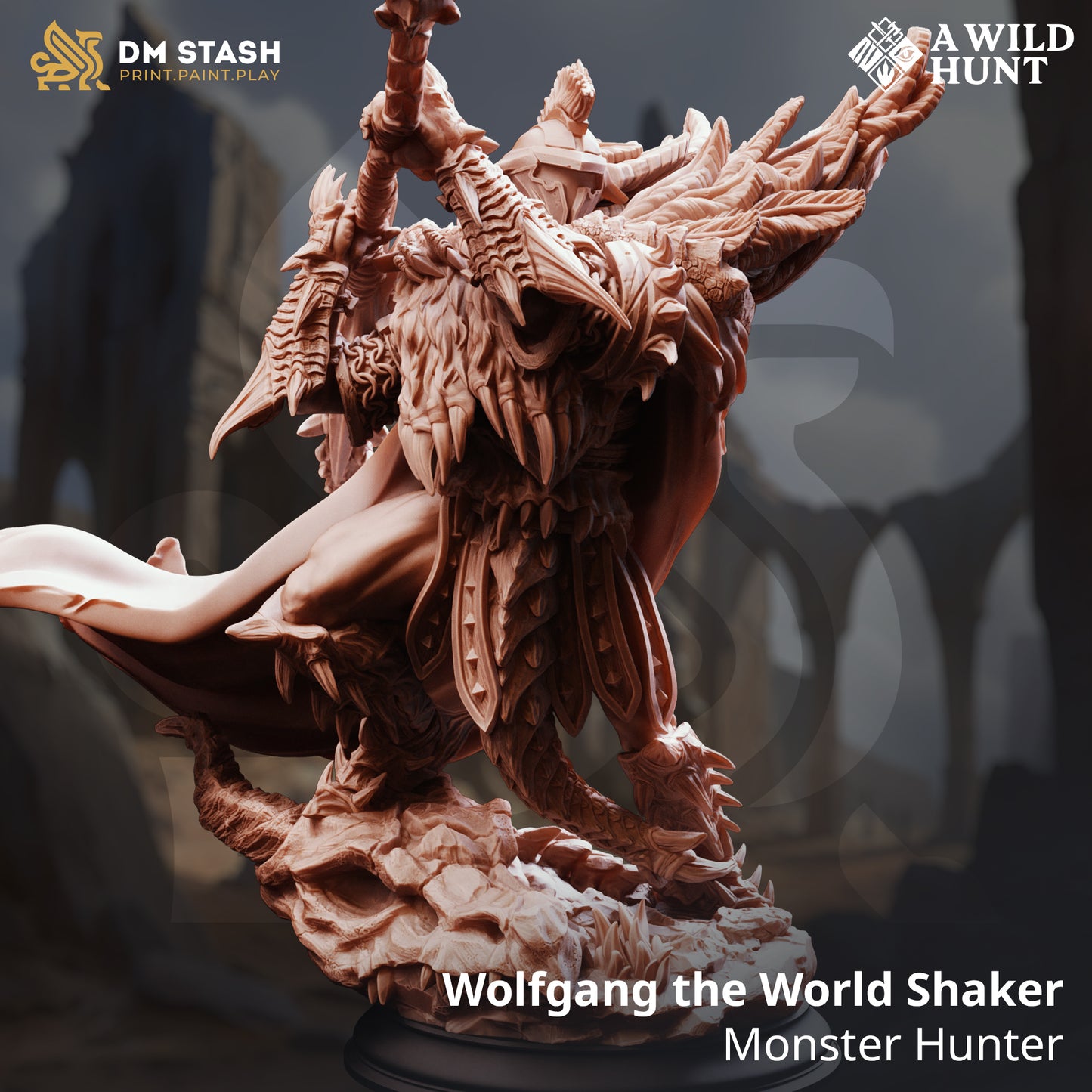 Wolfgang the World Shaker Monster Hunter D&D miniatuur - legendarische beast slayer met trophy scars uit A Wild Hunt collectie, premium DND miniaturen fantasy monster hunter voor TTRPG legendary hunts uit Nederland bij Quest & Craft