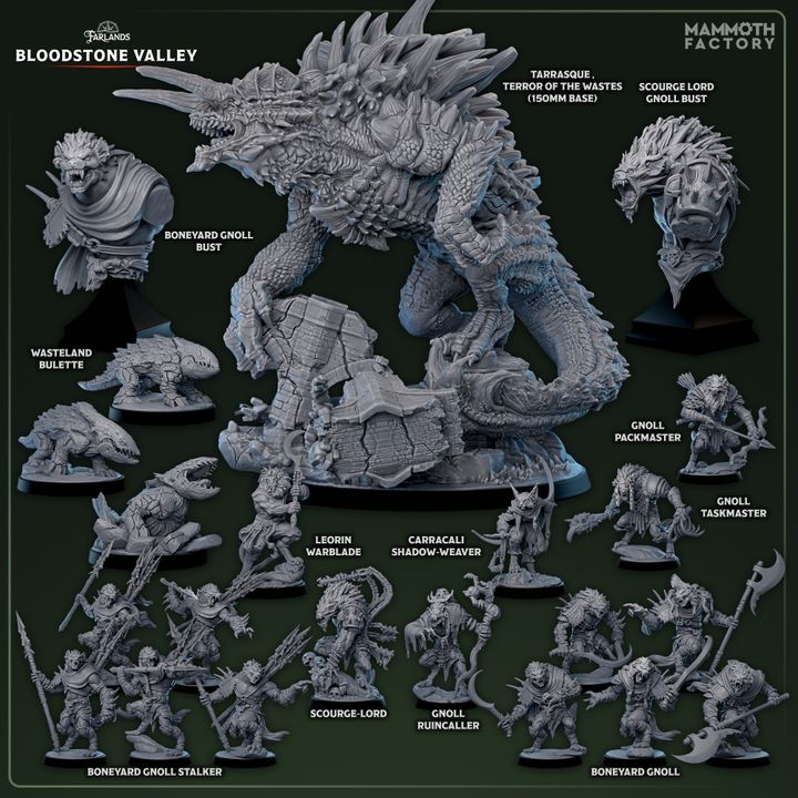 The Bloodstone Valley D&D miniaturen collectie met gnoll-hordes, Leonin Warblade, Carracali Shadow-Weaver en Wasteland Bulette - complete fantasy miniaturen set voor DND en TTRPG campaigns uit Nederland