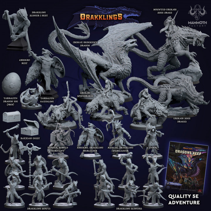 Drakklings Collection D&D miniaturen met Arrekro Warleader, Maraak Sparkcaster, Urekari Siege Drakes en Arekari Spinedrakes - complete kleine draken en mutanten fantasy miniaturen voor DND en TTRPG Dragons Keep campaigns uit Nederland