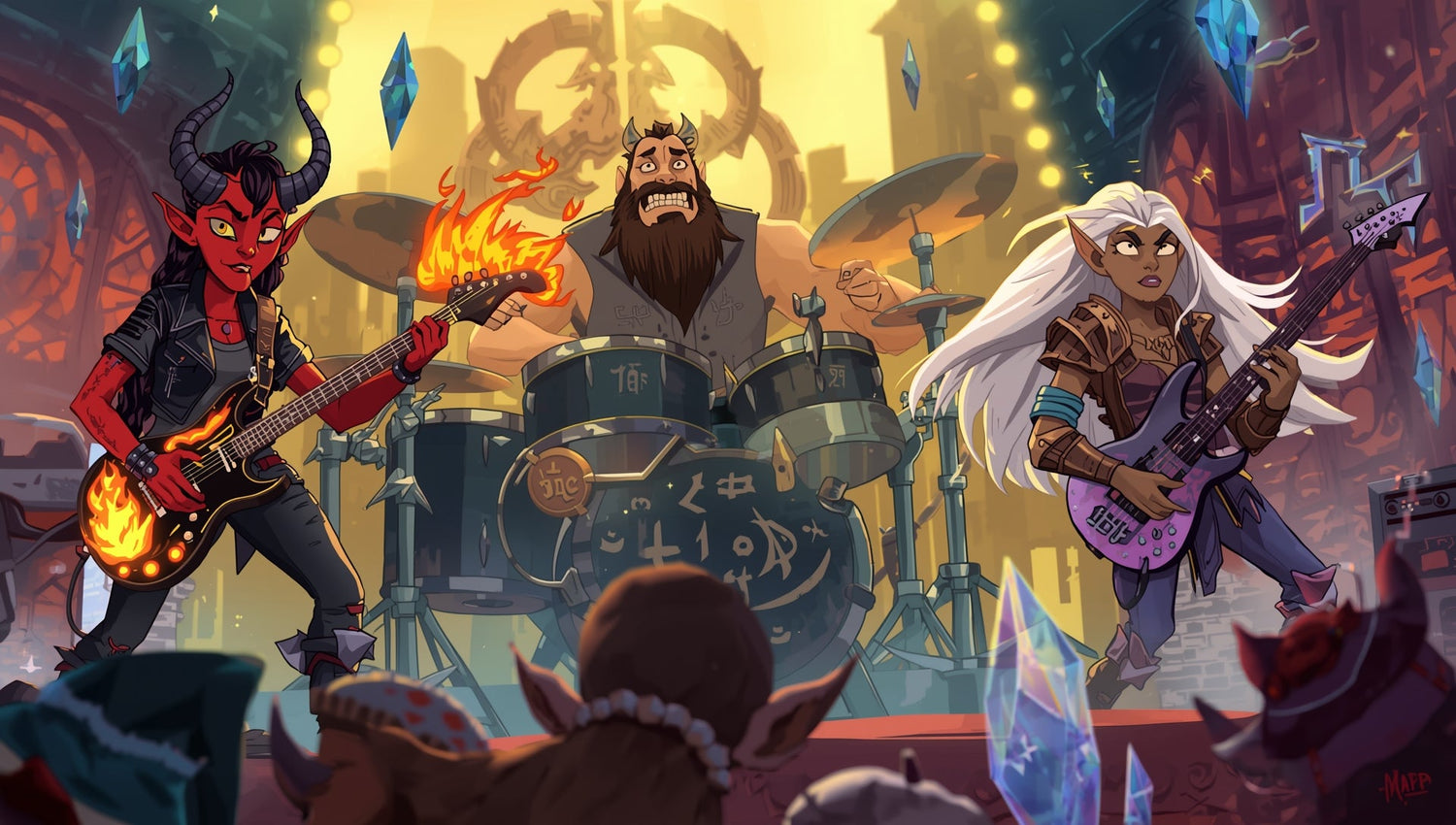 D&D miniaturen fantasy rockband met tiefling gitarist, dwerg drummer, elf bassist en dragonborn zanger"
