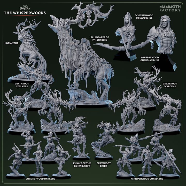 The Whisperwoods D&D miniaturen collectie met Pallbearer of Ithandruin, Loriantha, Deathroot Warden en Whisperwood Rangers - mystieke fantasy miniaturen voor DND en TTRPG bos-campaigns uit Nederland