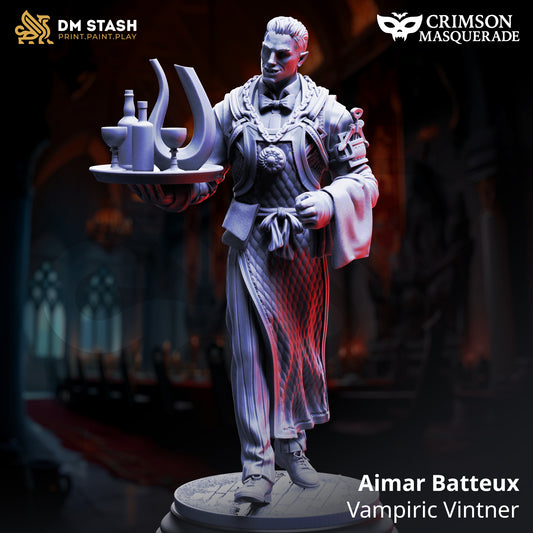 Aimar Batteux Vampiric Vintner D&D miniatuur - elegante vampier NPC met sophisticated winemaker appearance, premium DND miniaturen fantasy character voor gothic TTRPG campaigns uit Nederland bij Quest & Craft