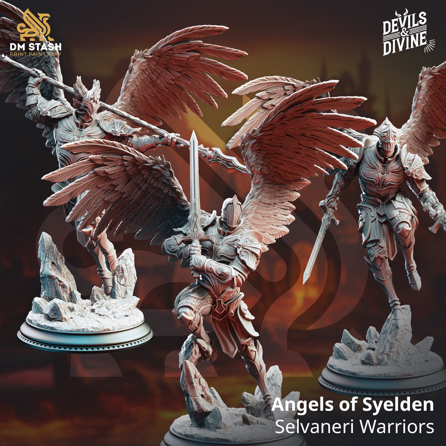 Angels of Syelden Hemelse Krijgers D&D miniaturen - majestueuze celestiale engelen met goddelijke kracht uit Feet First Into Hell campagne, premium DND miniaturen fantasy krijgers voor TTRPG adventures uit Nederland bij Quest & Craft