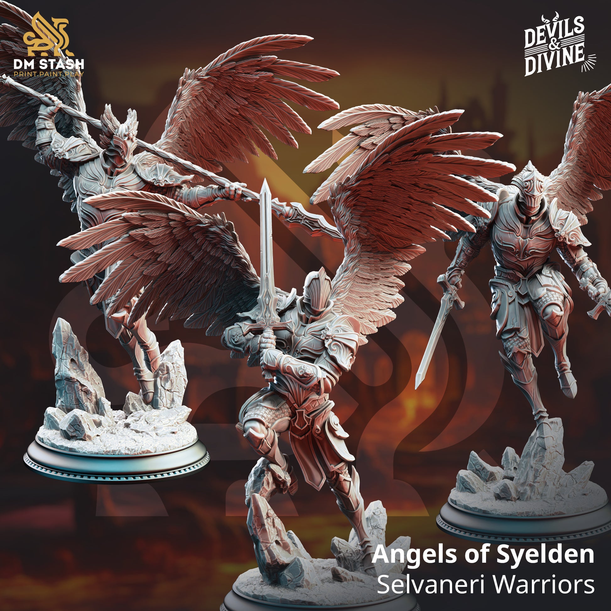Angels of Syelden Hemelse Krijgers D&D miniaturen - majestueuze celestiale engelen met goddelijke kracht uit Feet First Into Hell campagne, premium DND miniaturen fantasy krijgers voor TTRPG adventures uit Nederland bij Quest & Craft