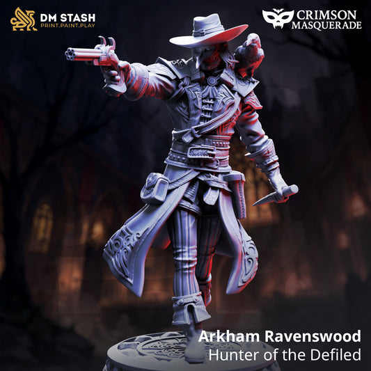 Arkham Ravenswood Hunter of the Defiled D&D miniatuur - ball- mask battle-scarred monster jager met specialized hunting gear, premium DND miniaturen fantasy character voor horror TTRPG campaigns uit Nederland bij Quest & Craft