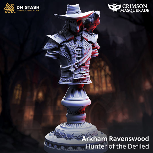Arkham Ravenswood Bust Revenant Vampire Hunter D&D character bust - ball-mask-detailed undead hunter collectible met weathered features, premium DND miniaturen fantasy bust voor TTRPG collectors uit Nederland bij Quest & Craft