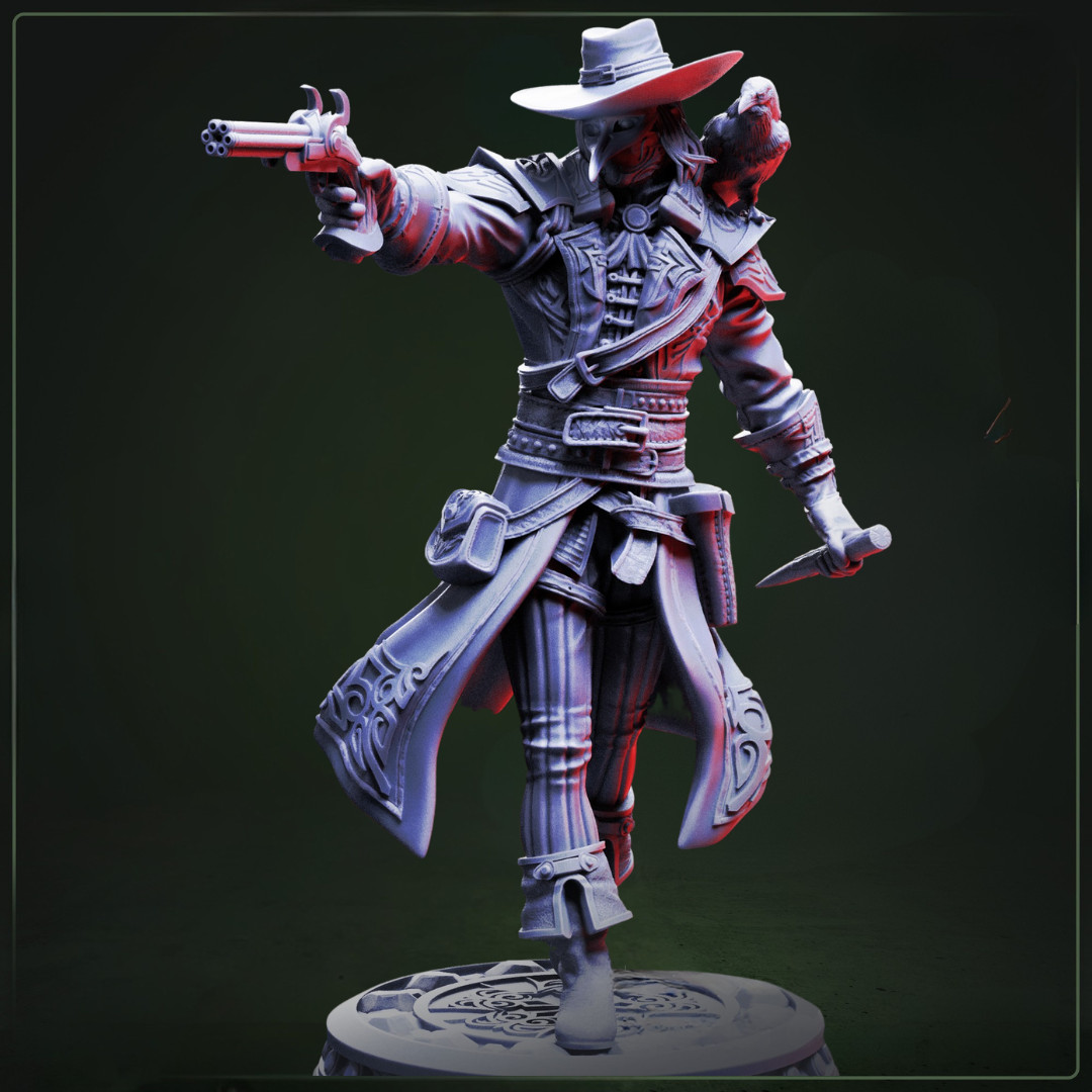 Arkham Ravenswood Hunter of the Defiled D&D miniatuur  -battle-scarred monster jager met specialized hunting gear, premium DND miniaturen fantasy character voor horror TTRPG campaigns uit Nederland bij Quest & Craft