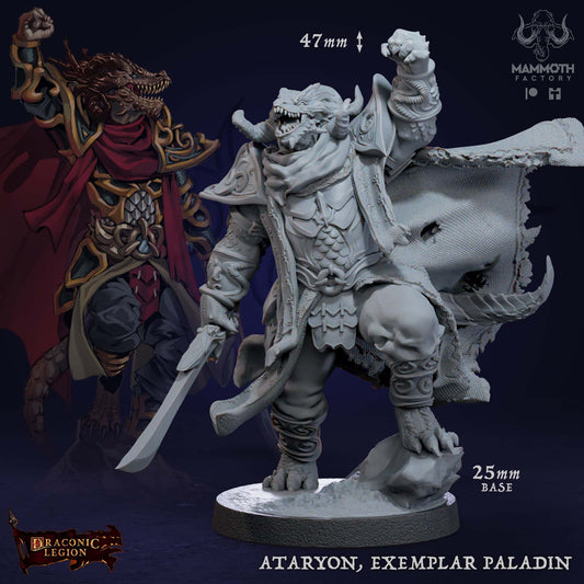 Ātaryon Exemplar Paladin D&D miniatuur - nobele exemplar paladin van de Drakkari uit Draconic Legion collectie, hoogdetail resin DND miniaturen voor fantasy tabletop RPG van Quest & Craft
