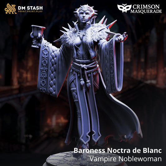 Baroness Noctra de Blanc Vampire Noblewoman D&D miniatuur - regal vampier aristocraat met elaborate gown en noble bearing, premium DND miniaturen fantasy character voor gothic court intrigue TTRPG campaigns uit Nederland bij Quest & Craft