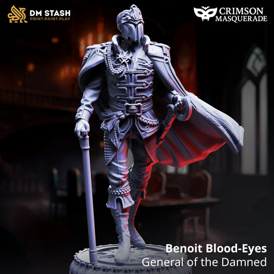 Benoit Blood-Eyes General of the Damned D&D miniatuur - masked - commanding vampier generaal met battle-worn armor en tactical stance, premium DND miniaturen fantasy undead commander voor military TTRPG campaigns uit Nederland bij Quest & Craft