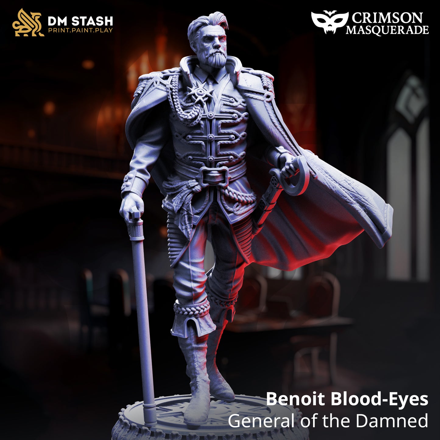 Benoit Blood-Eyes General of the Damned D&D miniatuur - normal - commanding vampier generaal met battle-worn armor en tactical stance, premium DND miniaturen fantasy undead commander voor military TTRPG campaigns uit Nederland bij Quest & Craft