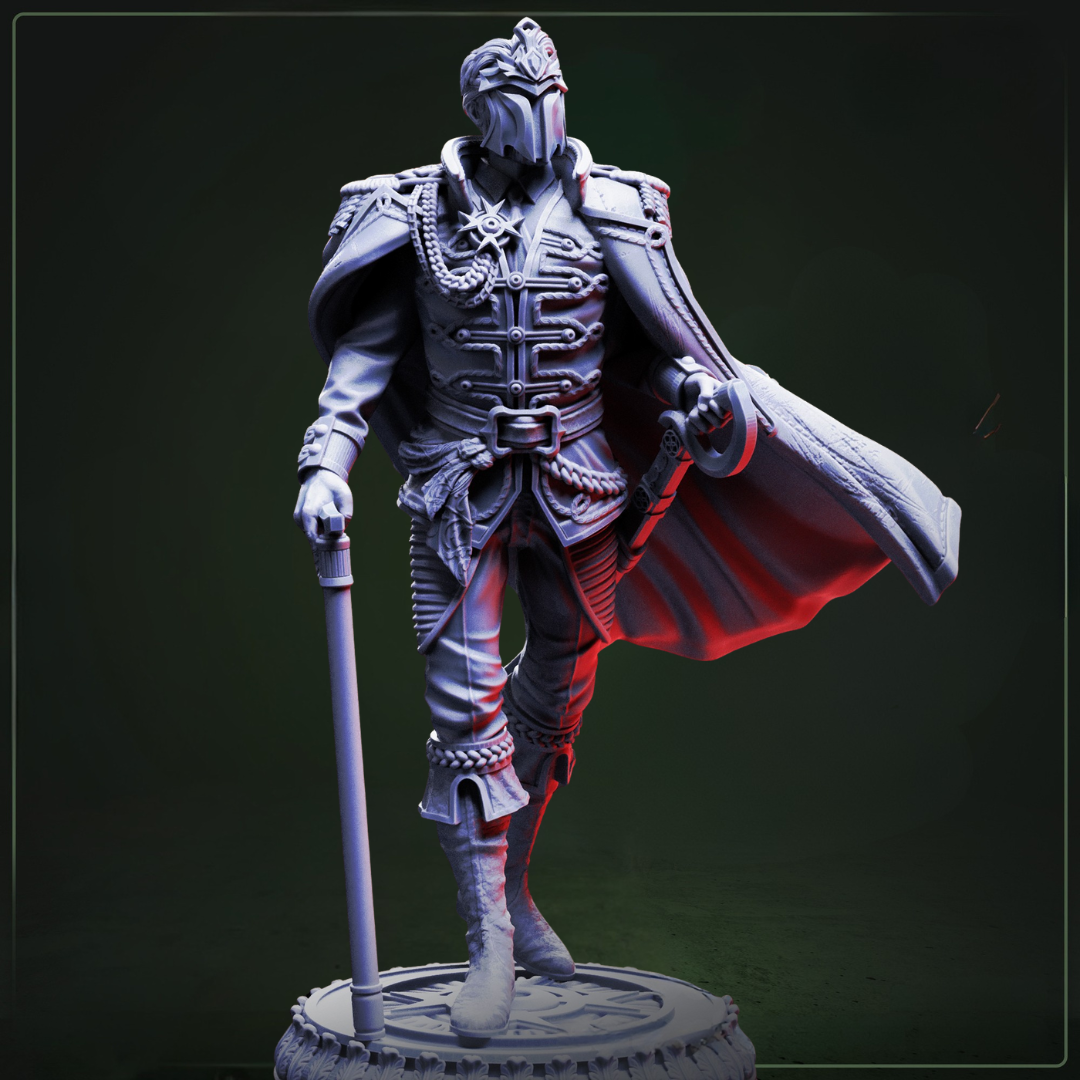 Benoit Blood-Eyes General of the Damned D&D miniatuur - Masked - commanding vampier generaal met battle-worn armor en tactical stance, premium DND miniaturen fantasy undead commander voor military TTRPG campaigns uit Nederland bij Quest & Craft