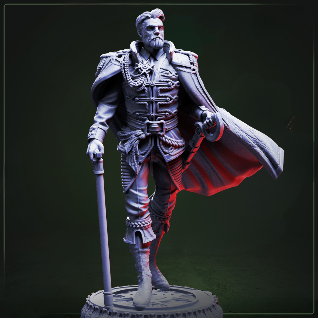 Benoit Blood-Eyes General of the Damned D&D miniatuur - normal - commanding vampier generaal met battle-worn armor en tactical stance, premium DND miniaturen fantasy undead commander voor military TTRPG campaigns uit Nederland bij Quest & Craft