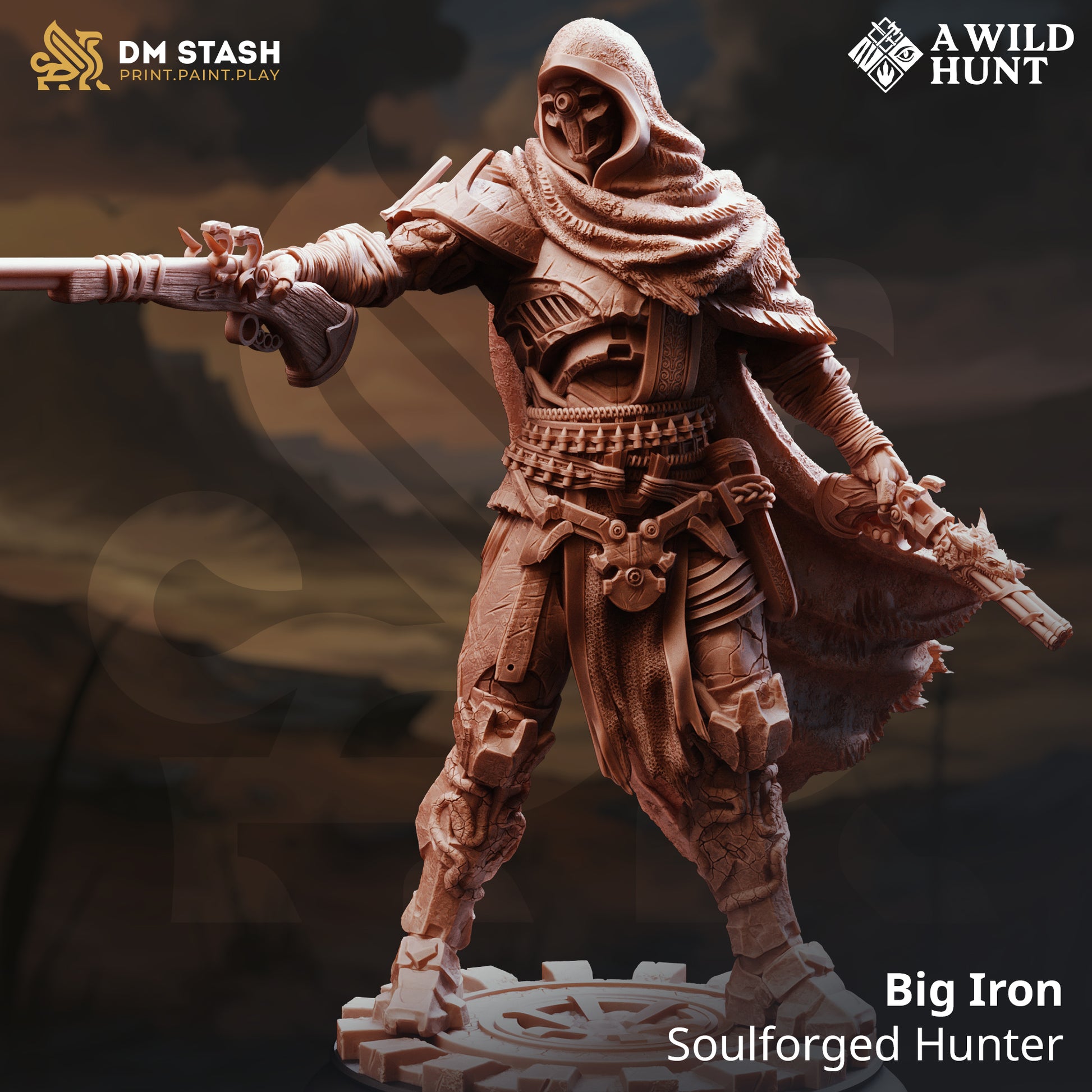 Big Iron Soulforged Hunter D&D miniatuur - meedogenloze legendary bounty hunter met soulforged weapons uit A Wild Hunt collectie, premium DND miniaturen fantasy supernatural tracker voor TTRPG chase encounters uit Nederland bij Quest & Craft