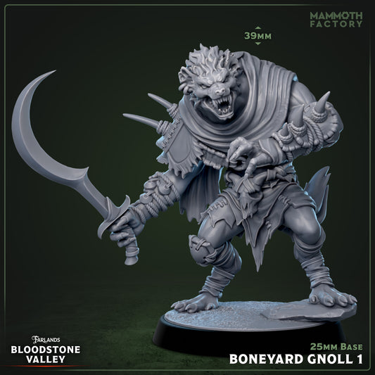 Boneyard Gnoll 1 - gruwelijke gnoll-krijger met wapen, eerste pose uit 5-delige warband uit Bloodstone Valley voor D&D en fantasy tabletop gaming