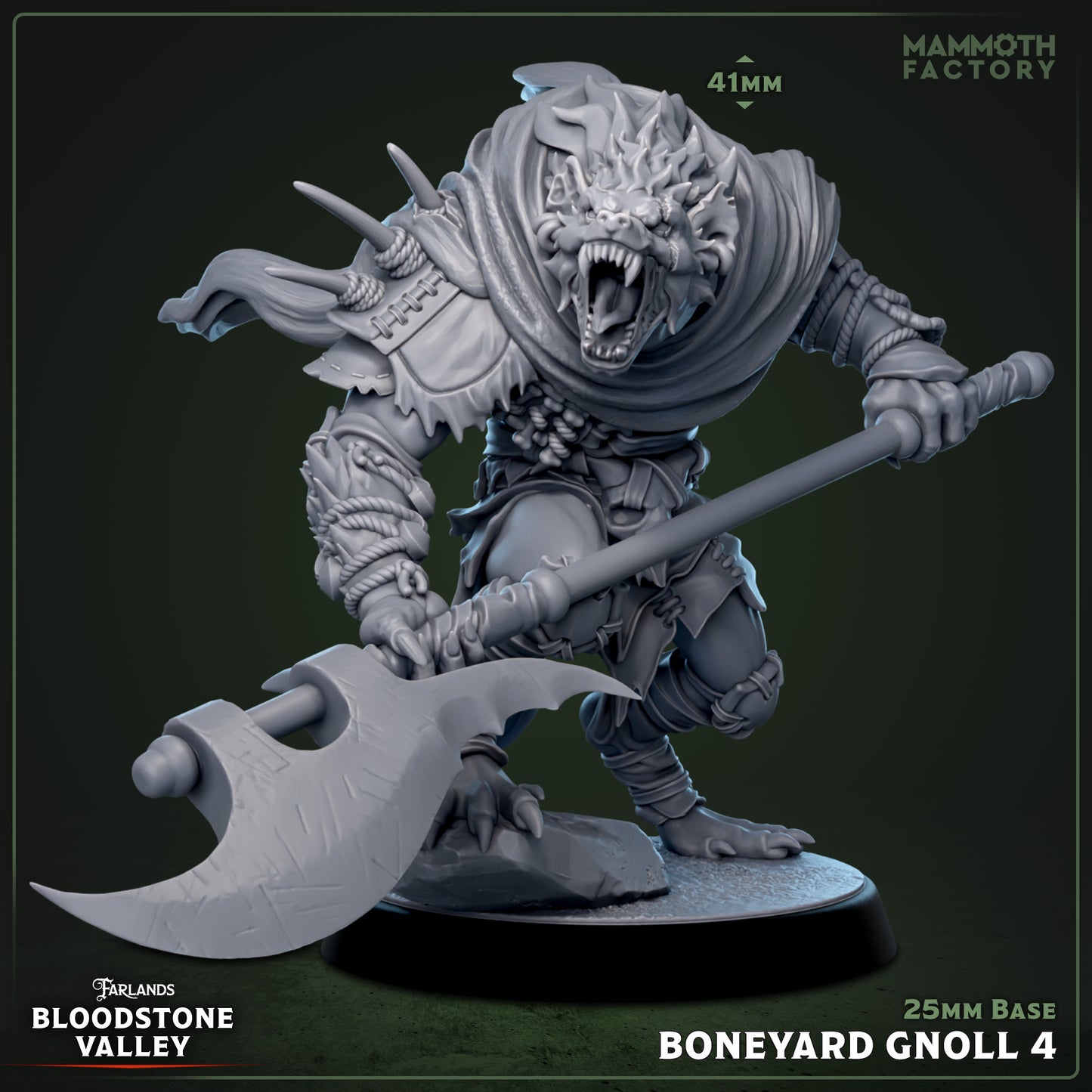 Boneyard Gnoll 4 - dreigende gnoll in gevechtspose, two-handed axe, vierde miniatuur uit complete D&D gnoll warband set voor chaotische battles