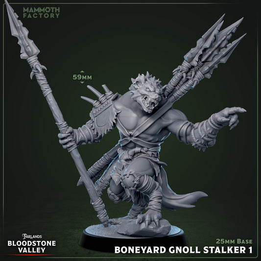 Boneyard Gnoll Stalker 1 - sluipende gnoll met speer in aanvalshouding, onderdeel van 5-delige warband uit Bloodstone Valley voor D&D en fantasy tabletop gaming