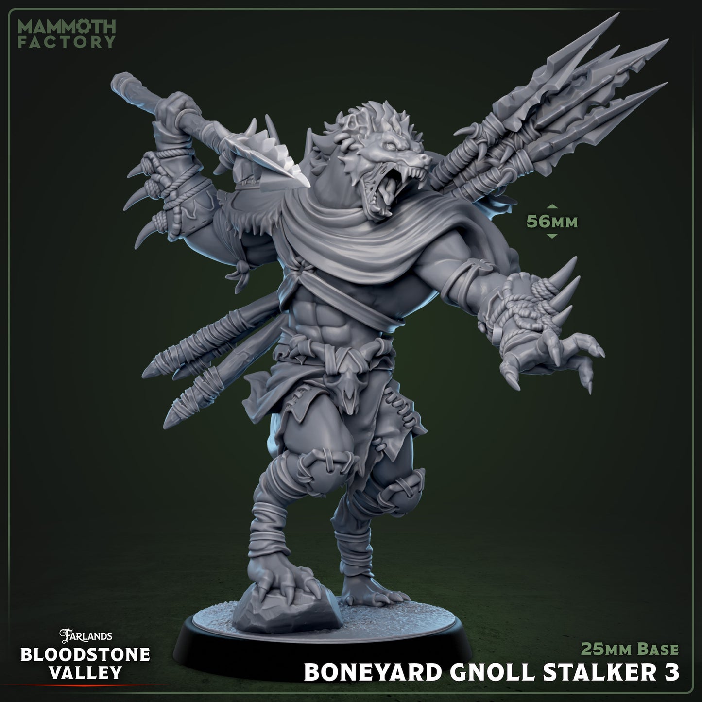 Boneyard Gnoll Stalker 3 - bewegende gnoll-jager met wapen, derde variatie uit fantasy miniaturen stalker warband voor TTRPG campaigns