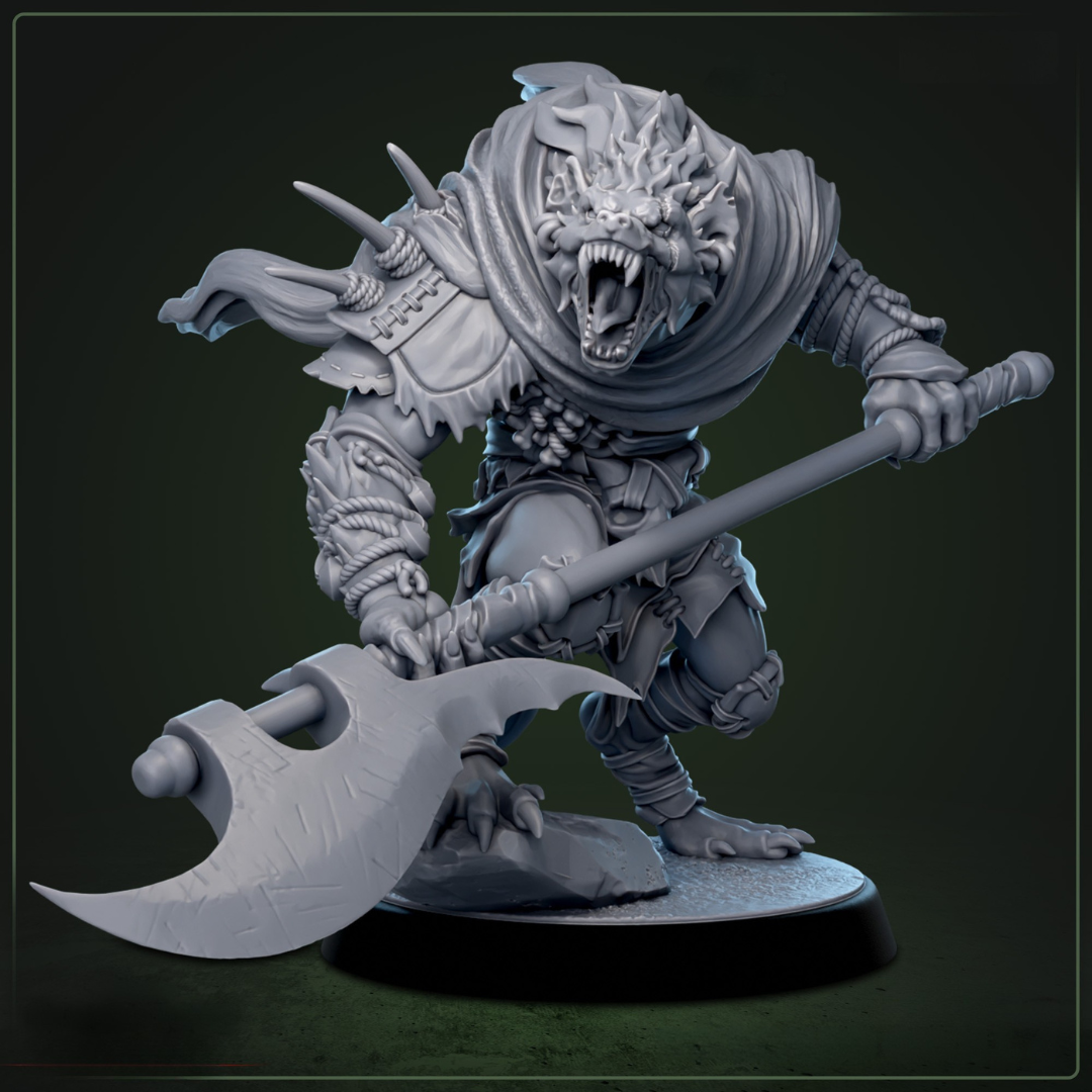 Boneyard Gnoll 4 - dreigende gnoll in gevechtspose, two-handed axe, vierde miniatuur uit 5. Quest & Craft