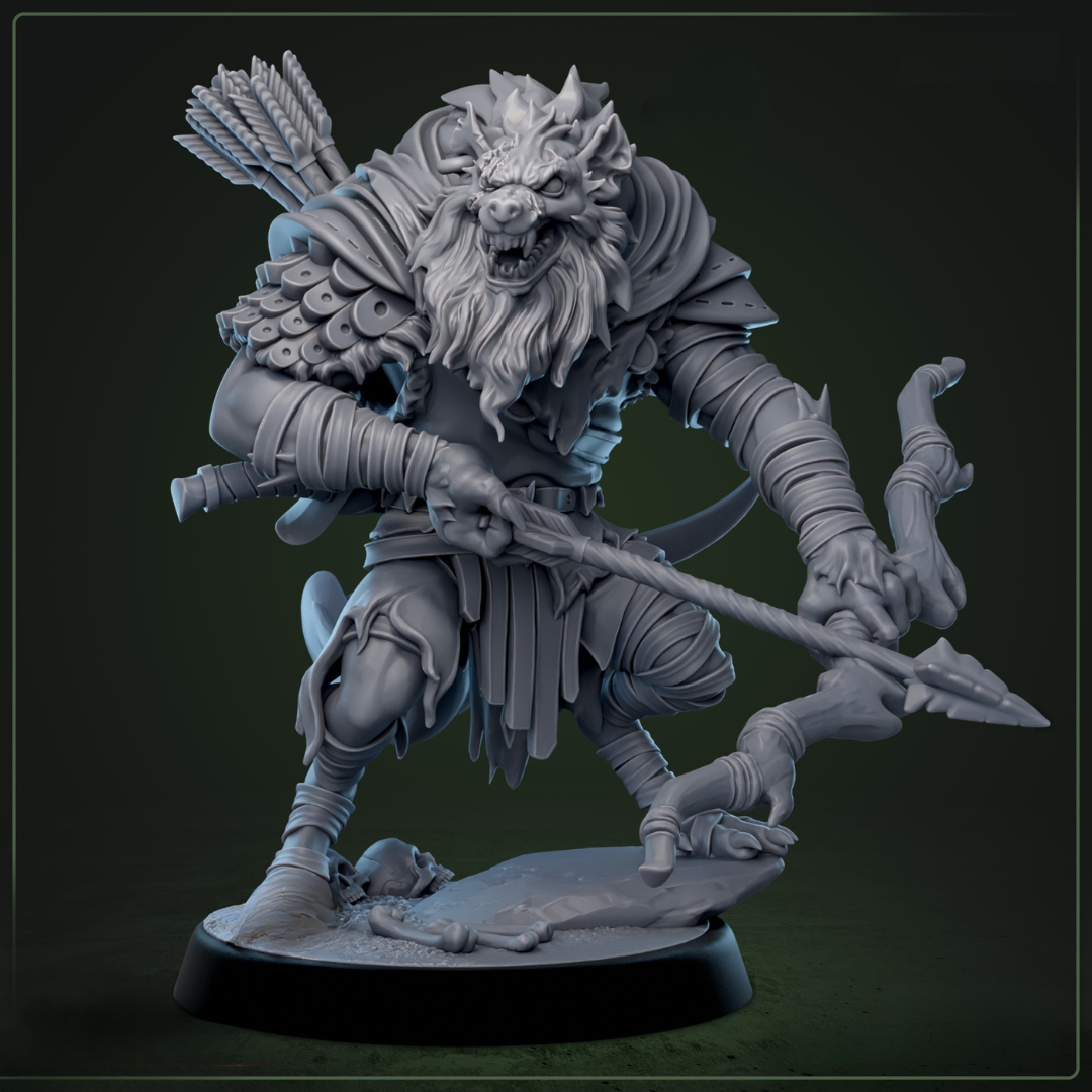 Boneyard Gnoll Packmaster D&D miniatuur - imposante gnoll-leider met zweep en commanderende houding, brute roedelleider uit Bloodstone Valley collectie voor tactische DND en fantasy tabletop encounters