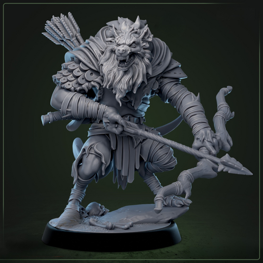 Boneyard Gnoll Packmaster D&D miniatuur - imposante gnoll-leider met zweep en commanderende houding, brute roedelleider uit Bloodstone Valley collectie voor tactische DND en fantasy tabletop encounters