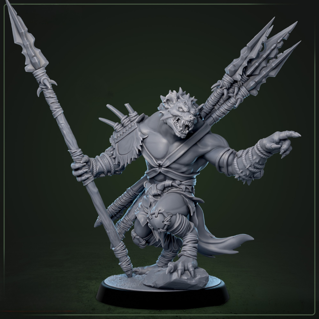 Boneyard Gnoll Stalker 1 - sluipende gnoll met speer, wijzend, onderdeel van 5-delige warband uit Bloodstone Valley voor D&D en fantasy tabletop gaming